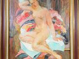 tableau représentant une femme nue assise sur un lit, recouverte d'une couverture colorée