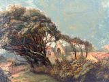 painting of a landscape with trees and a building in the distance