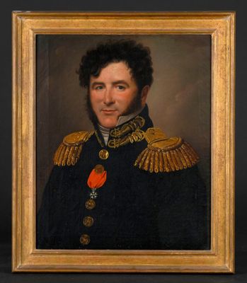 un tableau représentant un homme en uniforme militaire, dans un cadre doré