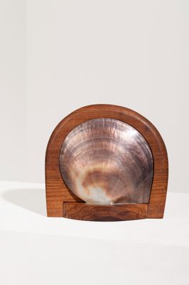 l'image d'un petit coquillage en bois posé sur une surface blanche