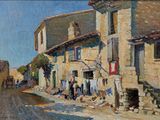peinture d'une scène de rue avec des personnes marchant dans la rue