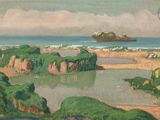 an image of a painting of a beach with a boat in the water