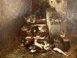 a picture of a painting of a cat laying on the ground next to a pile of dead animals