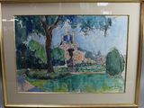 aquarelle encadrée représentant un château et des arbres dans un champ
