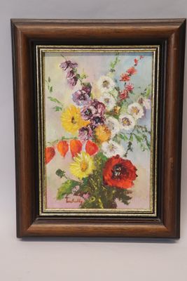painting of a vase of flowers on a table with a white background