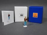 La figurine se tient à côté d'une boîte bleue et d'une boîte blanche.