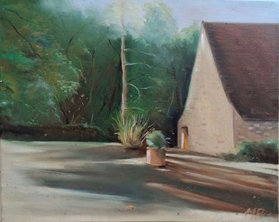 a painting of a house with a potted plant in front of it