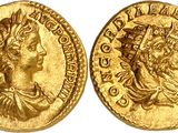 a gold coin with an image of a woman and a man on it