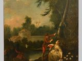 un tableau représentant deux hommes et une femme dans un paysage boisé