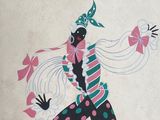 un vieux livre sur lequel figure le dessin d'une femme vêtue d'une robe à pois
