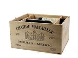 a wooden box with a bottle of wine inside of it