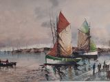 a painting of boats on the water with people on the shore