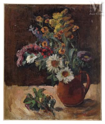 une peinture à l'huile représentant un vase de fleurs sur une table