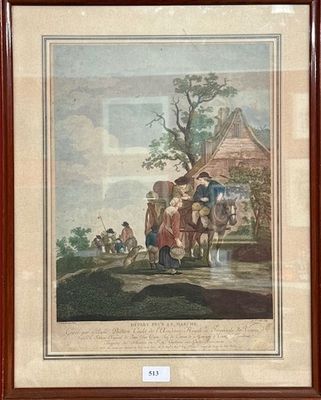 ECOLE DU Xxe, Estampe en couleur "Départ pour le marché" Enc…