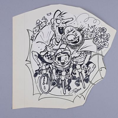 a black and white drawing of a man riding a bike