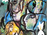 an image of a painting of three women and a horse