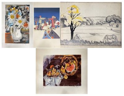 quatre images différentes représentant des tableaux de fleurs et de fruits dans un vase