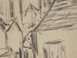 a drawing of a man riding a bike down the street
