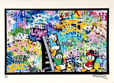 tableau représentant Mickey Mouse et Donald Duck devant un mur recouvert de graffitis