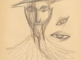 dessin au crayon représentant le visage d'une femme avec un oiseau sur la tête