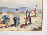 painting of a group of men working in a field with a church in the background