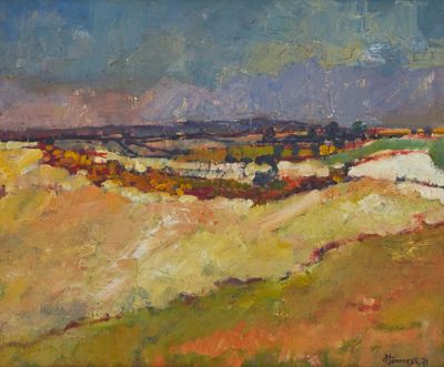 une peinture représentant une peinture d'un paysage avec des collines en arrière-plan