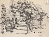 dessin au crayon représentant un sentier dans un parc, avec des arbres en arrière-plan