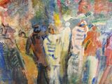 un tableau représentant un groupe de personnes avec des parapluies