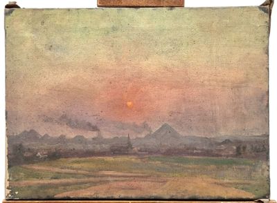 painting on easel of a landscape with a sunset in the distance