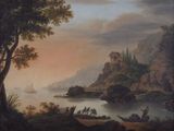 an image of a painting of a river scene with a castle in the distance
