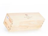 a wooden box with a label on it on a white background