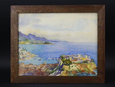 un tableau représentant une vue d'une ville et de l'océan