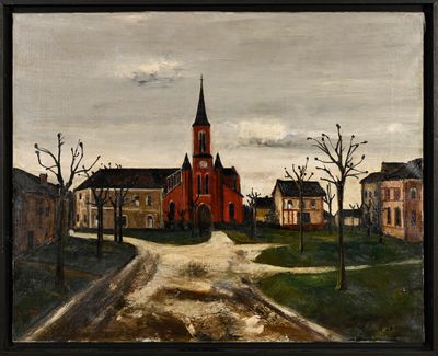 une peinture à l'huile représentant une église dans une ville, avec un chemin de terre devant