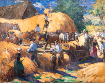 an oil painting of a group of people working on a farm