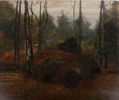 tableau représentant une scène forestière avec un gros rocher au premier plan