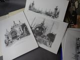 several black and white photographs of a building and a clock