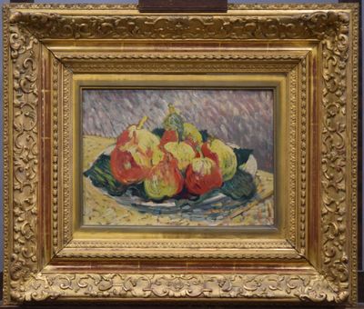 a painting of apples on a plate on a table