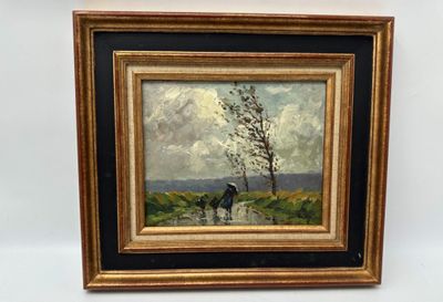 une peinture à l'huile représentant un cheval dans un champ, avec un arbre en arrière-plan