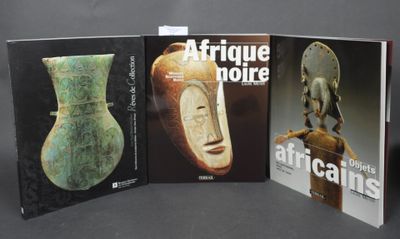 trois livres consacrés à l'art africain exposés sur un support gris