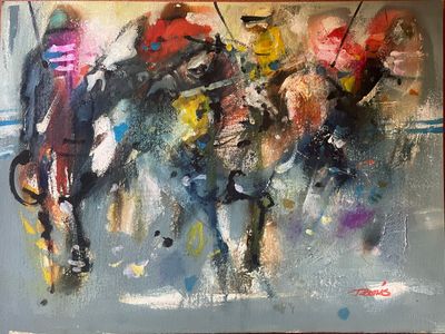 a painting of a group of people riding horses