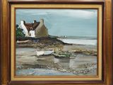 an oil painting of a boat on a beach next to a house