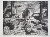 drawing of a scene of a ruined city with a clock tower in the background