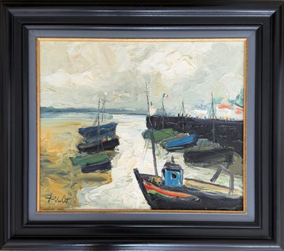 an oil painting of boats docked on the beach in a black frame