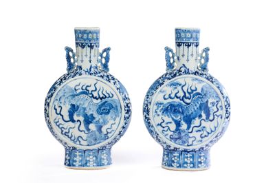 une paire de vases bleus et blancs ornés d'animaux sur un fond blanc