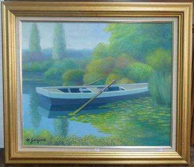 une peinture représentant un bateau sur l'eau avec une rame