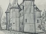 dessin d'un château surmonté d'un clocher