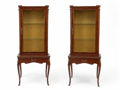 paire de vitrines anciennes en acajou avec des portes vitrées