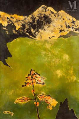 une image représentant un tableau où l'on voit un arbre solitaire devant une chaîne de montagnes