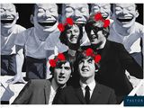 black and white photograph of a group of people with red bows on their heads