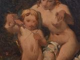 an image of a painting of two women and a child in a wooded area
